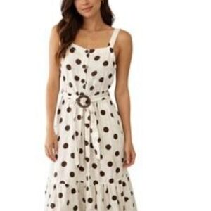 Monteau women’s Sleeveless Cream Polka Dot Midi Dress with Belt like new size L